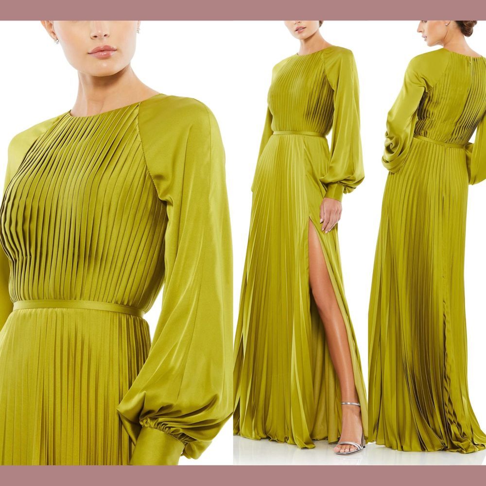 NWT IEENA Mac Duggal [ 2 ] Long Sleeve Pleated High Neck Gown Apple Green #S1073